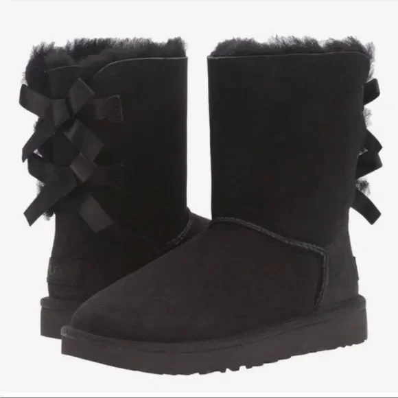 UGG Boots Bailey Bow Sheepskin Size 6 Black - Picture 11 of 12
